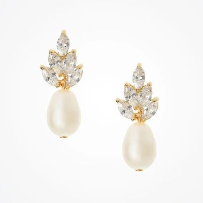 18K Gold Plated Leaf Bridal Earrings White Pearls Leaf Earrings Wedding