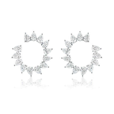 Unique Tear Drop Cut CZ Stud Earrings in Rhodium Plated Half Circle Shape for Women