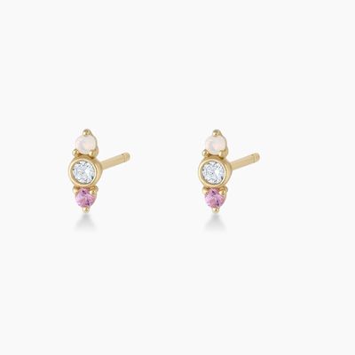 White Opal And Pink Sapphire CZ Stud Earrings Three Stone Cubic Zirconia Studs