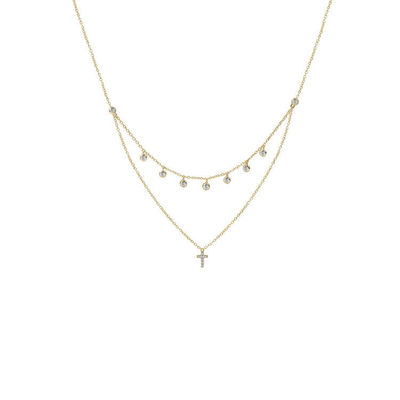 Two Layer Bezel Set Diamond Cross Pendant Rhodium Gold Plated Chain Necklace