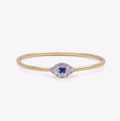 Classic Style Mini Pave Ring with Diamond Eye and Blue Sapphire in 925 Sterling Silver