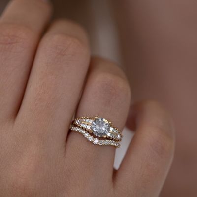 925 Sterling Silver Curved Diamond CZ Engagement Ring Stack Wedding Band