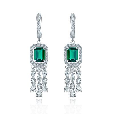 Real Sterling Silver 925 Green Baguette CZ Diamond Long Hoop Earrings for Unisex Wear