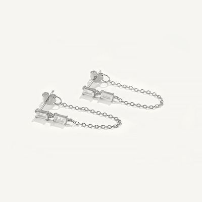 Sales Baguette Cubic Zircon Threader Stud Earring Jewelry 925 Sterling Silver for Women