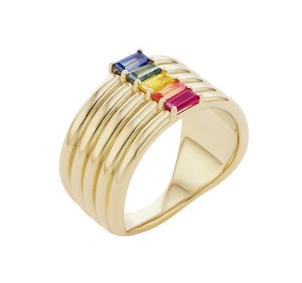 18K Gold Plated Rainbow Baguette Cut CZ Multi Fashion 925 Sterling Silver Women Rings