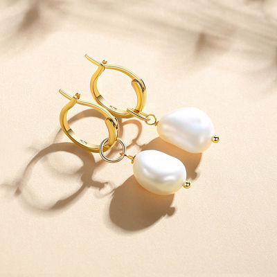 925 Sterling Silver 18K Gold Plated Freshwater Pearl Hoop Earrings For Women Trendy Style