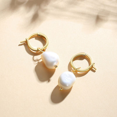 925 Sterling Silver 18K Gold Plated Freshwater Pearl Hoop Earrings For Women Trendy Style