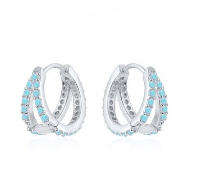 Rhodium Plating Double Turquoise 925 Sterling Silver Cubic Zirconia Earring for Women
