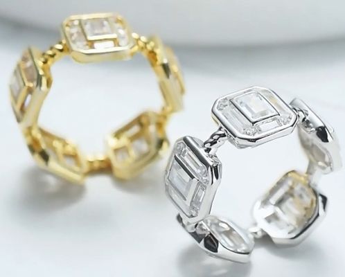 Emerald White CZ Women Eternity Band Baguette 18K Gold 925 Sterling Silver Rings