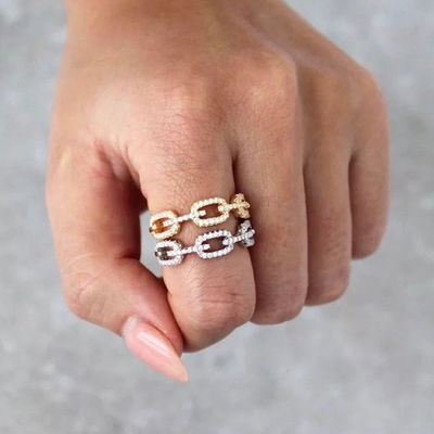 925 Sterling Silver Curb Link Chain Ring 18K Women Cubic Zirconia Rings