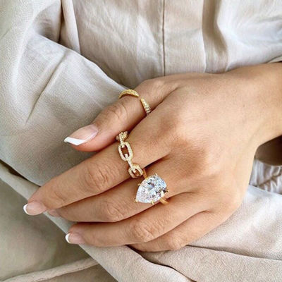 925 Sterling Silver Curb Link Chain Ring 18K Women Cubic Zirconia Rings