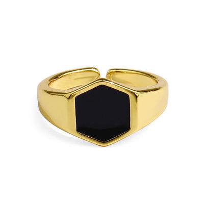 14K Gold Plated Black Agate Cuff Rings in 925 Silver for Style-conscious Individuals