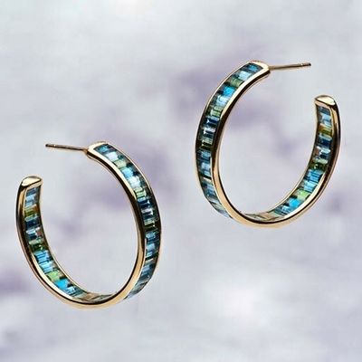 Jewelry Main Material Silver Baguette Blue and Green Topaz Stud Hoops for Classic Style