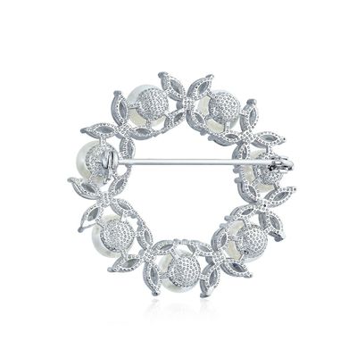 Gold Plated Leaf Circle White Pearl Brooch 925 Silver Luxury Brooches For Women