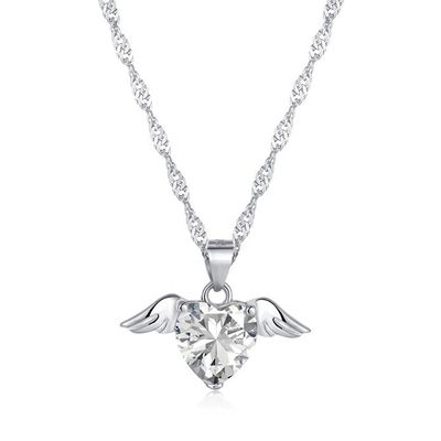 S925 Sterling Silver Love Wings Necklace Women Heart Zircon Collarbone Chain Jewelry
