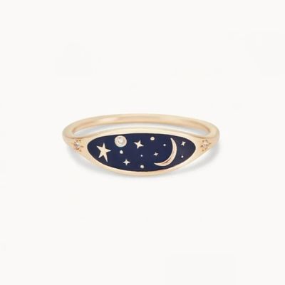 Handmade 18K Gold Plated Midnight Blue Enamel 925 Sterling Silver Round Brilliant CZ Stacking Ring for Girls
