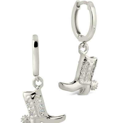 Cowboy Boot Micro Delicate Brass Drop Earrings White CZ Stone Brass Dangle Earrings