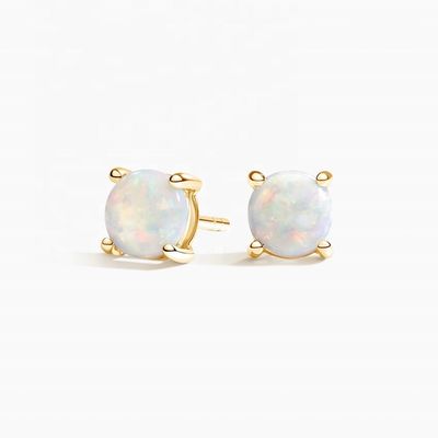 18K Gold 6MM Solitaire Opal Stud Earrings For Women And Girls Fine Jewelry