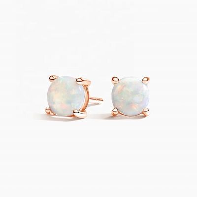 18K Gold 6MM Solitaire Opal Stud Earrings For Women And Girls Fine Jewelry