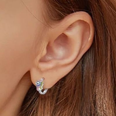 Rhodium Plated Unicorn Colorful Enamel Huggies Earrings For Teens Fashion Jewelry