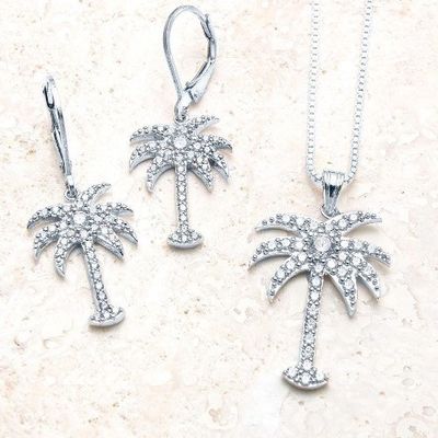 925 Sterling Silver Women'S Drop Earrings With Palm Tree Design And Zircon White CZ Diamond