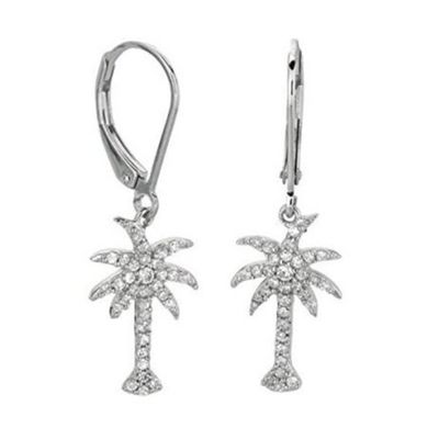925 Sterling Silver Women'S Drop Earrings With Palm Tree Design And Zircon White CZ Diamond
