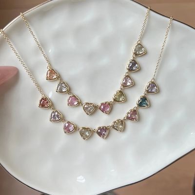 Gold Plated Handmade Heart-Shaped Sapphire & Cubic Zirconia Strand Necklace Elegant Party Jewelry for Women