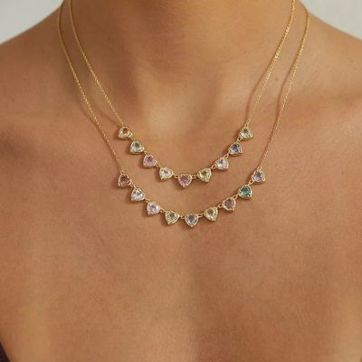 Gold Plated Handmade Heart-Shaped Sapphire & Cubic Zirconia Strand Necklace Elegant Party Jewelry for Women