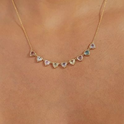 Gold Plated Handmade Heart-Shaped Sapphire & Cubic Zirconia Strand Necklace Elegant Party Jewelry for Women