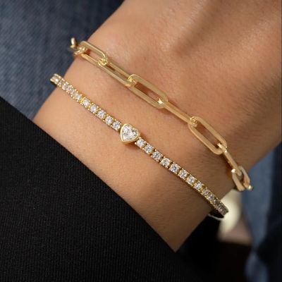 925 Sterling Silver 14K Gold Plated Heart Tennis Bracelet with Zircon