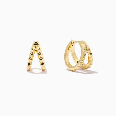 Unique 18K Gold Plated Pyramid 925 Sterling Silver Double Huggies Earrings Chunky Waterproof Jewelry