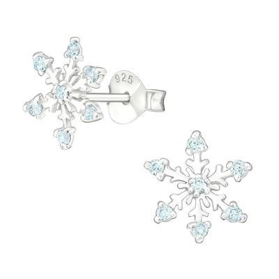 925 Sterling Silver Rhodium Plated CZ Snowflake Stud Earrings 2g