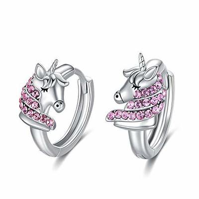 925 Sterling Silver Unicorn Huggie Earrings 16mm Pink CZ for Kids