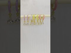 Pear Cut White Cubic Zirconia & Pink Enamel Dangle Hoop Earrings