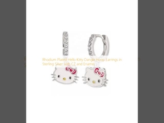 Rhodium Plated Hello Kitty Dangle Hoop Earrings in Sterling Silver with CZ and Enamel